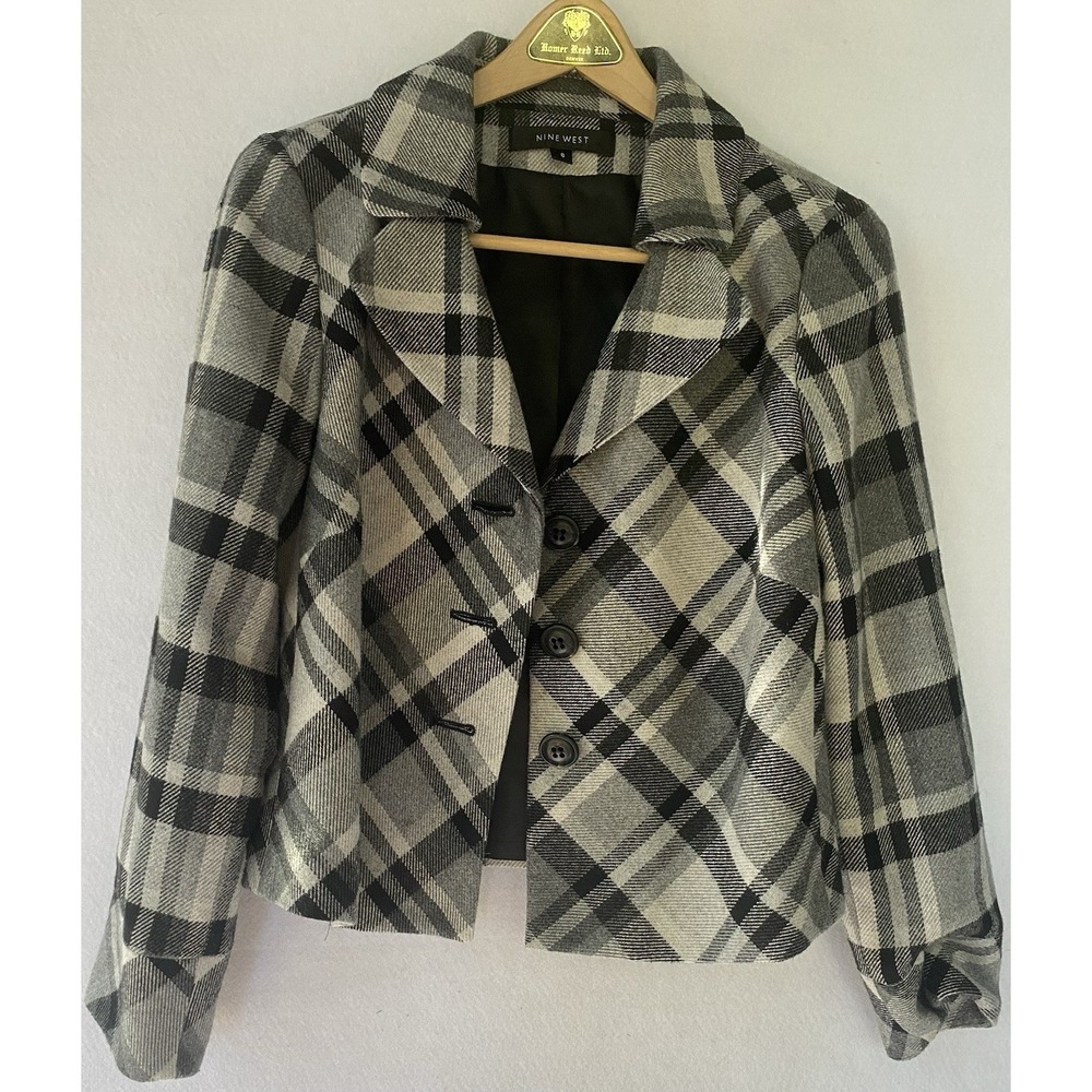 Nine West Black Gray Jacket Wool Blend Plaid 3 Button Lightweight‎ Women 8P